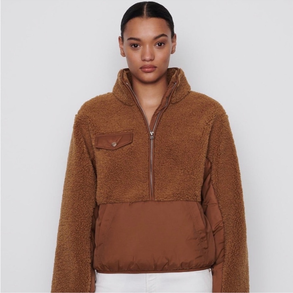 Frame Denim Chest-Pocket Teddy Pullover in Warm Brown